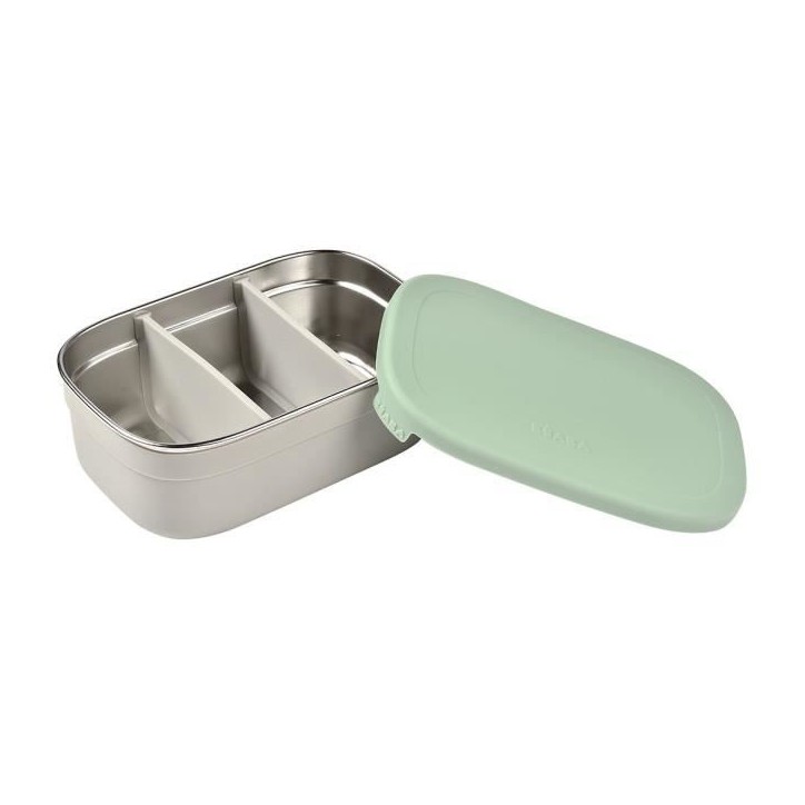 BEABA, Boîte repas enfant en inox, couvercle en silicone et housse de protection, Gris velours et vert sauge BEABA, Boîte repas enfant en inox, couvercle en silicone et housse de protection, Gris velours et vert sauge