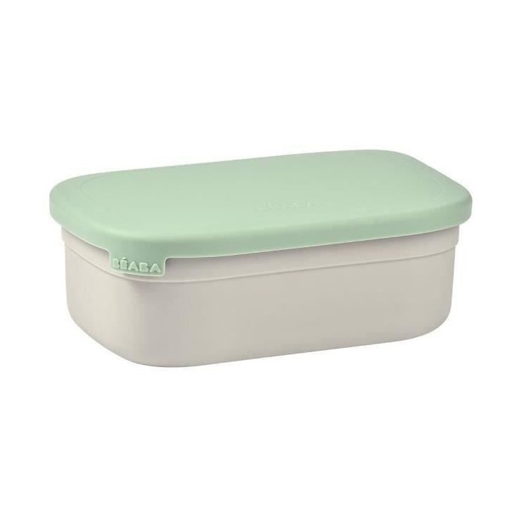BEABA, Boîte repas enfant en inox, couvercle en silicone et housse de protection, Gris velours et vert sauge BEABA, Boîte repas enfant en inox, couvercle en silicone et housse de protection, Gris velours et vert sauge