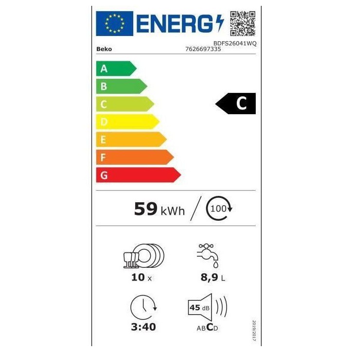 Lave-vaisselle pose libre BEKO BDFS26041WQ - 10 couverts - Induction - 45 cm - 45 dBA - Classe C - Blanc Lave-vaisselle pose libre BEKO BDFS26041WQ - 10 couverts - Induction - 45 cm - 45 dBA - Classe C - Blanc