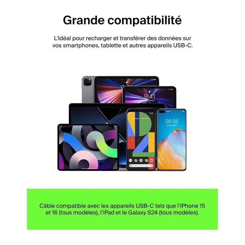 Câble tressé - BELKIN - USB-C vers USB-A - 0,15 m - Noir