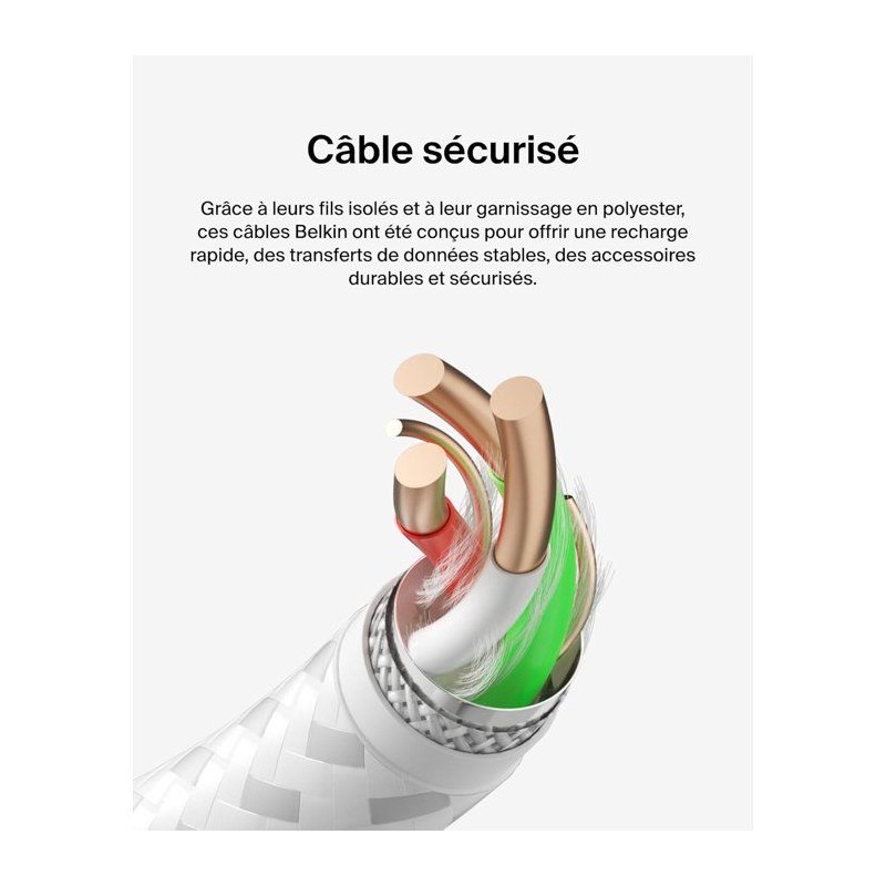 Câble tressé - BELKIN - USB-C vers USB-A - 0,15 m - Blanc