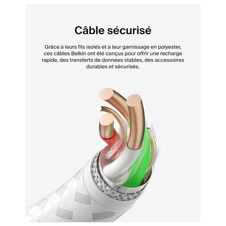 Câble tressé - BELKIN - USB-C vers USB-A - 1 m - Blanc Câble tressé - BELKIN - USB-C vers USB-A - 1 m - Blanc
