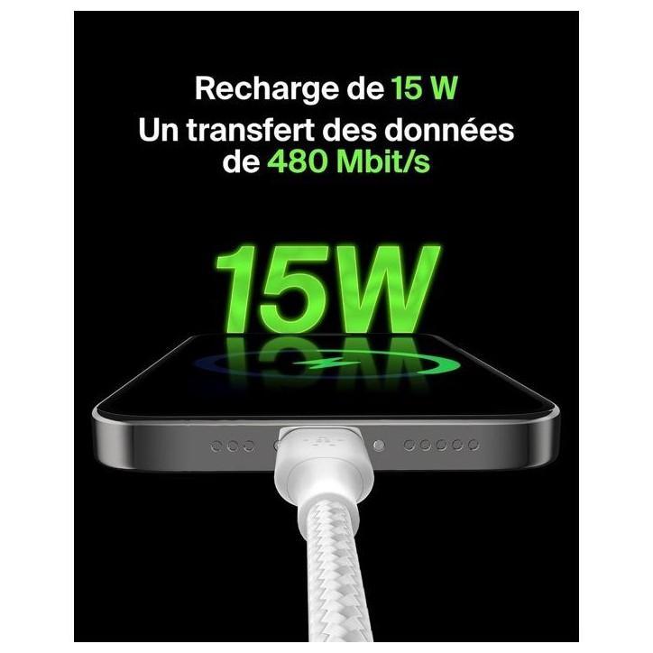 Câble tressé - BELKIN - USB-C vers USB-A - 1 m - Blanc Câble tressé - BELKIN - USB-C vers USB-A - 1 m - Blanc