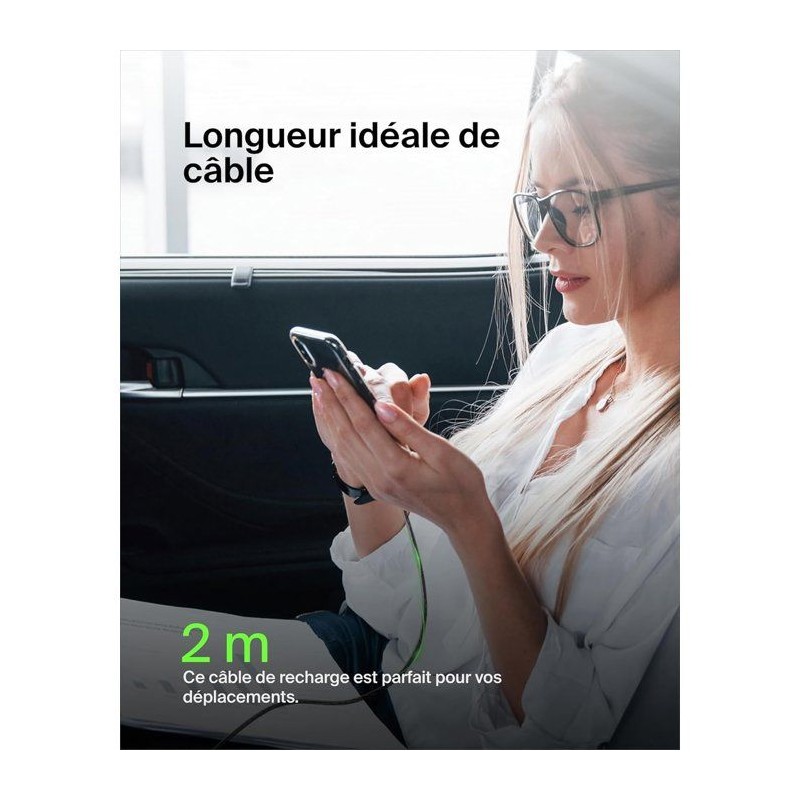 Câble tressé - BELKIN - USB-C vers USB-A - 2 m - Noir