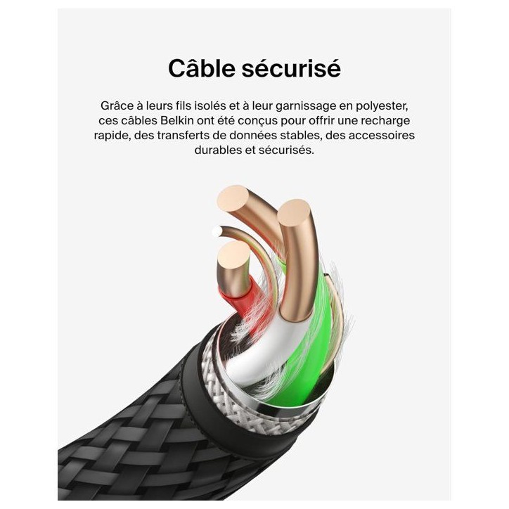 Câble tressé - BELKIN - USB-A vers USB-C - 3 m - Noir