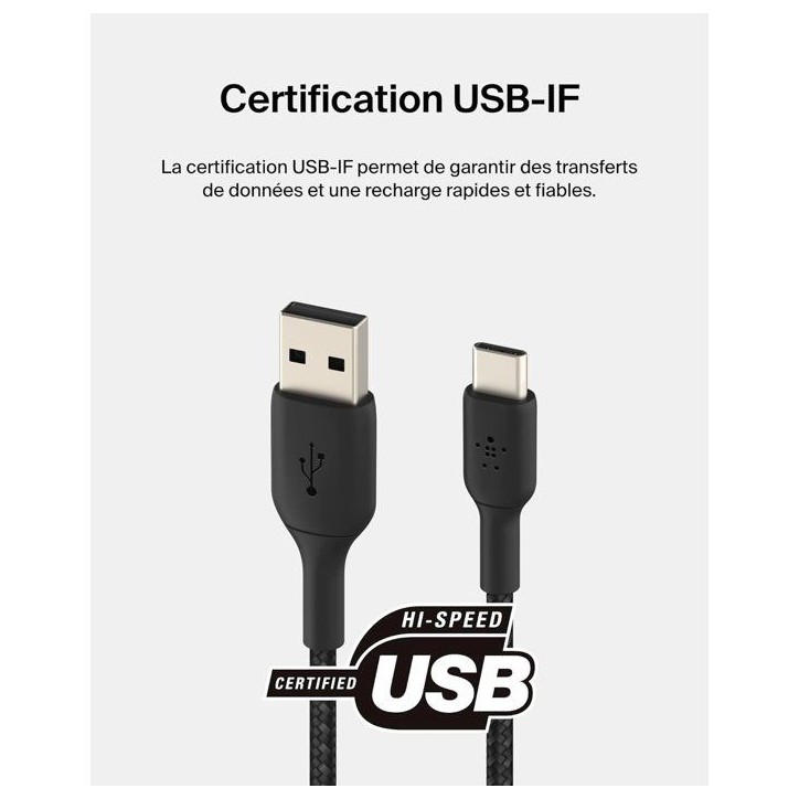Câble tressé - BELKIN - USB-A vers USB-C - 3 m - Noir