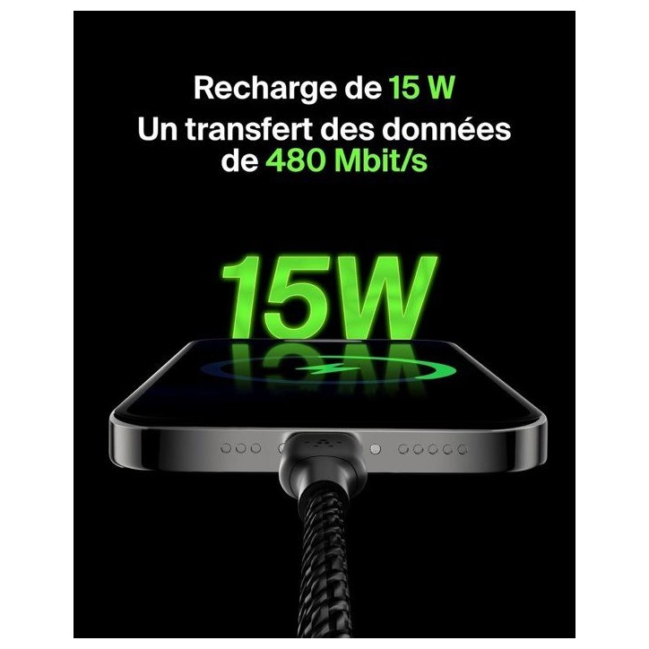 Câble tressé - BELKIN - USB-A vers USB-C - 3 m - Noir