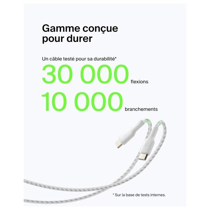 Câble tressé - BELKIN - USB-A vers USB-C - 3 m - Blanc Câble tressé - BELKIN - USB-A vers USB-C - 3 m - Blanc