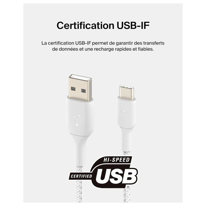 Câble tressé - BELKIN - USB-A vers USB-C - 3 m - Blanc Câble tressé - BELKIN - USB-A vers USB-C - 3 m - Blanc
