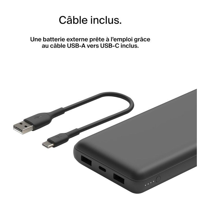 Batterie externe - BELKIN - 20 000 mAh - USB-A & USB-C - 15 W - Noir