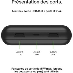 Batterie externe - BELKIN - 20 000 mAh - USB-A & USB-C - 15 W - Noir