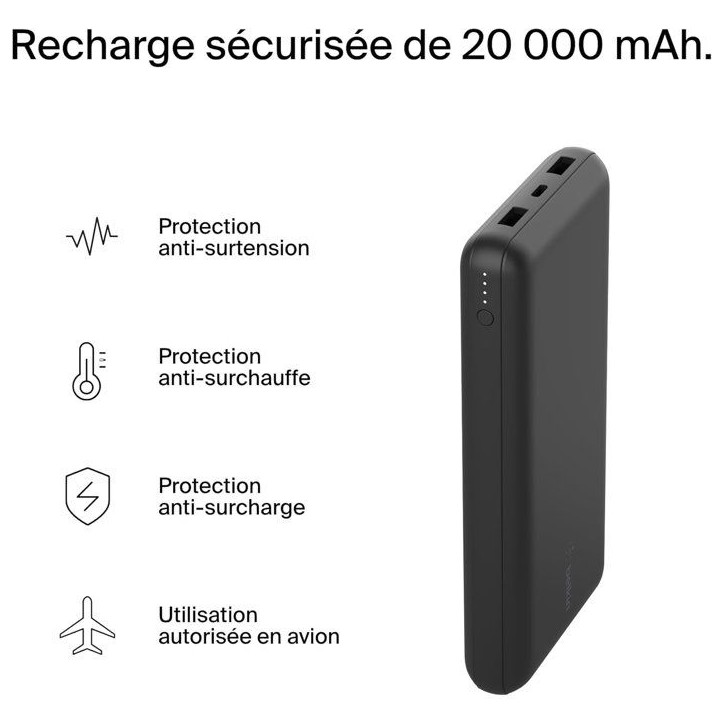 Batterie externe - BELKIN - 20 000 mAh - USB-A & USB-C - 15 W - Noir Batterie externe - BELKIN - 20 000 mAh - USB-A & USB-C - 15 W - Noir
