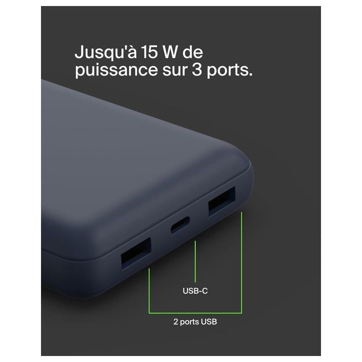 Batterie externe - BELKIN - 20 000 mAh - USB-A & USB-C - 15 W - Bleu