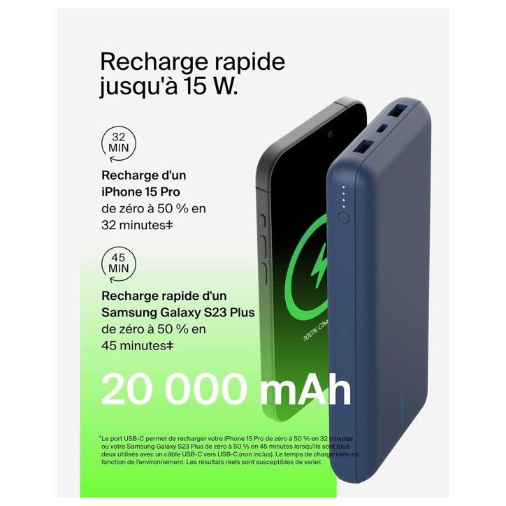 Batterie externe - BELKIN - 20 000 mAh - USB-A & USB-C - 15 W - Bleu