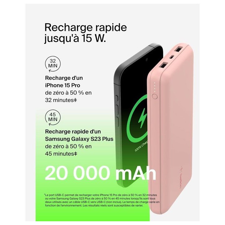 Batterie externe - BELKIN - 20 000 mAh - USB-A & USB-C - 15 W - Rose Batterie externe - BELKIN - 20 000 mAh - USB-A & USB-C - 15 W - Rose