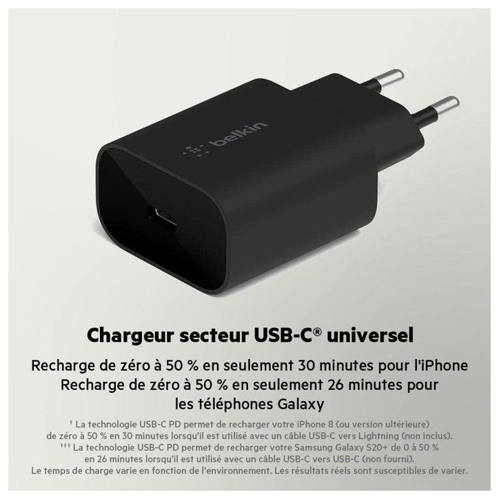 Chargeur secteur - BELKIN - USB-C - 25 W - PD PPS - Noir Chargeur secteur - BELKIN - USB-C - 25 W - PD PPS - Noir