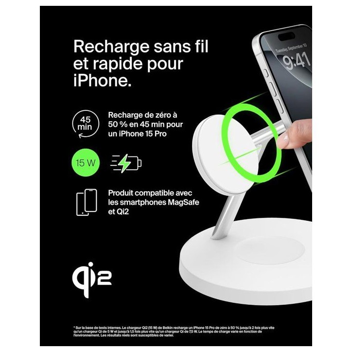 Station de recharge - BELKIN - Qi1 - 3-en-1 - 15 W - Blanc Station de recharge - BELKIN - Qi1 - 3-en-1 - 15 W - Blanc