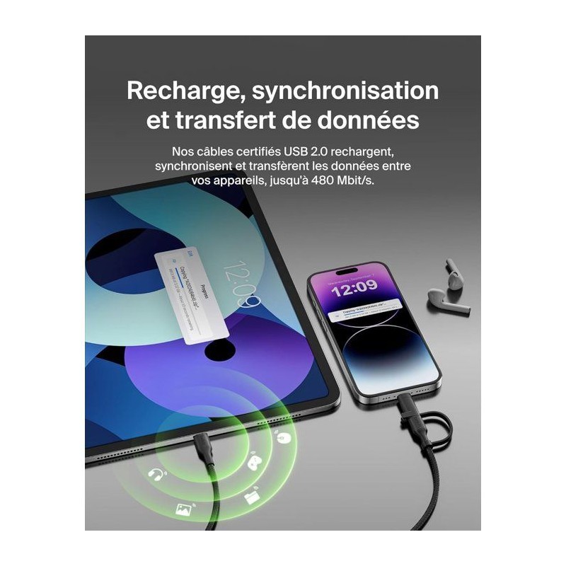 Câble 2-en-1 - BELKIN - USB-C et Lightning - Noir