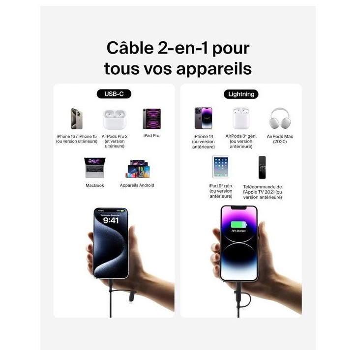 Câble 2-en-1 - BELKIN - USB-C et Lightning - Noir
