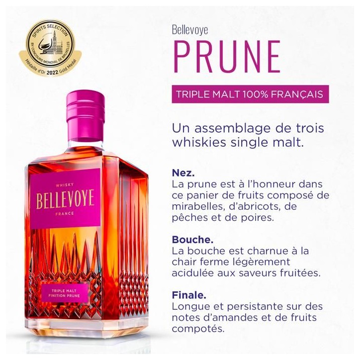 BELLEVOYE - PRUNE - Whisky - Triple Malt - Origine : France - 43 % alcool - bouteille 70 cl BELLEVOYE - PRUNE - Whisky - Triple Malt - Origine : France - 43 % alcool - bouteille 70 cl