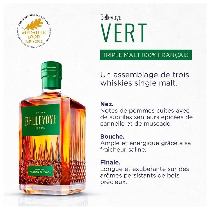 BELLEVOYE - VERT - Whisky - Triple Malt - Origine : France - 43 % alcool - bouteille 70 cl BELLEVOYE - VERT - Whisky - Triple Malt - Origine : France - 43 % alcool - bouteille 70 cl