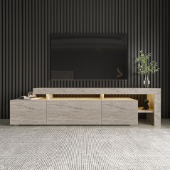 Meuble TV avec éclairage LED - BELIZ - Marbre travertin - 192 x 53 x