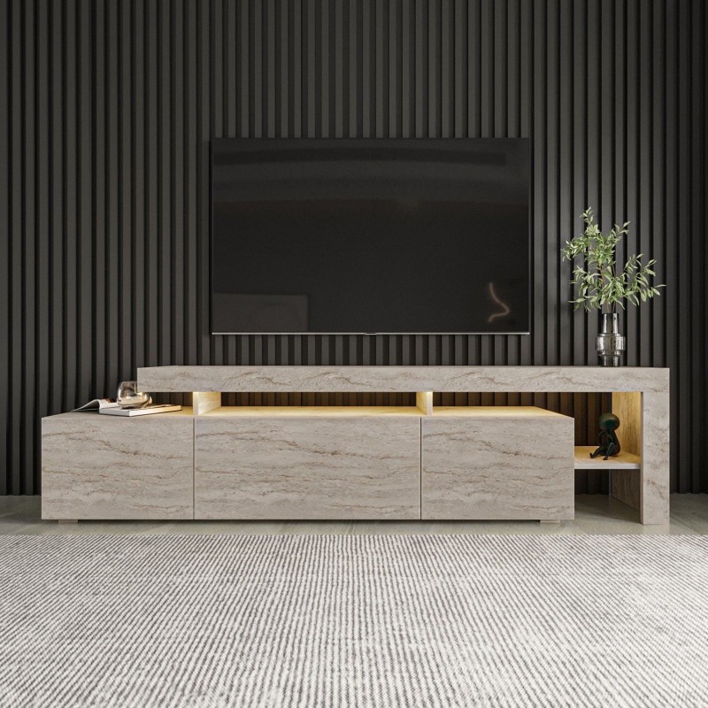 Meuble TV avec éclairage LED - BELIZ - Marbre travertin - 192 x 53 x