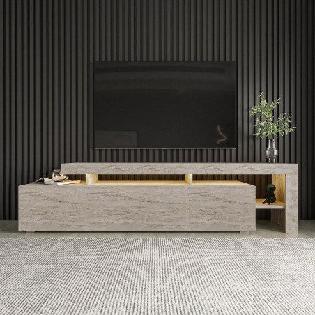 Meuble TV avec éclairage LED - BELIZ - Marbre travertin - 192 x 53 x