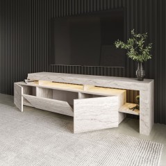 Meuble TV avec éclairage LED - BELIZ - Marbre travertin - 192 x 53 x