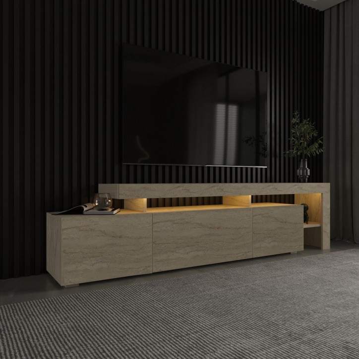 Meuble TV avec éclairage LED - BELIZ - Marbre travertin - 192 x 53 x 37 cm Meuble TV avec éclairage LED - BELIZ - Marbre travertin - 192 x 53 x 37 cm