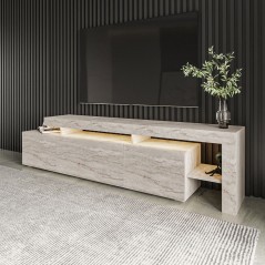 Meuble TV avec éclairage LED - BELIZ - Marbre travertin - 192 x 53 x