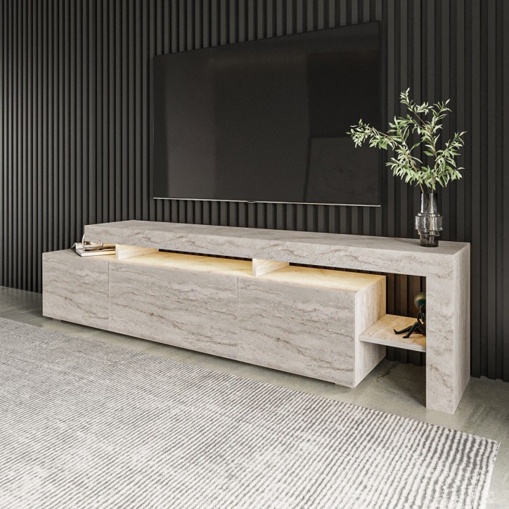 Meuble TV avec éclairage LED - BELIZ - Marbre travertin - 192 x 53 x 37 cm Meuble TV avec éclairage LED - BELIZ - Marbre travertin - 192 x 53 x 37 cm