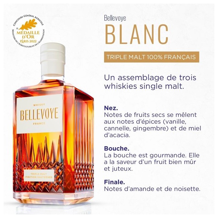 BELLEVOYE - BLANC - Whisky - Triple Malt - Origine : France - 40 % alcool - bouteille 70 cl BELLEVOYE - BLANC - Whisky - Triple Malt - Origine : France - 40 % alcool - bouteille 70 cl