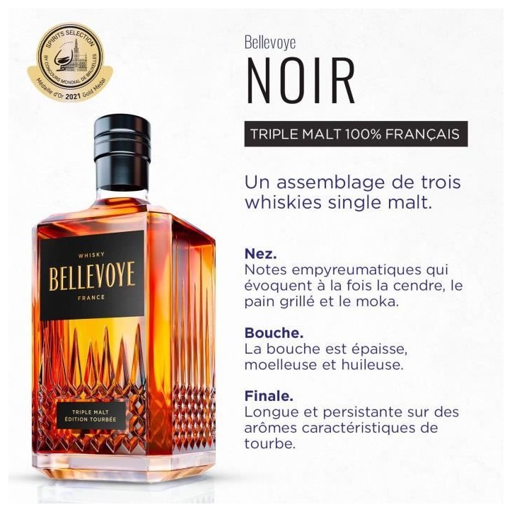 BELLEVOYE - NOIR - Whisky - Triple Malt - Origine : France - 43 % alcool - bouteille 70 cl BELLEVOYE - NOIR - Whisky - Triple Malt - Origine : France - 43 % alcool - bouteille 70 cl