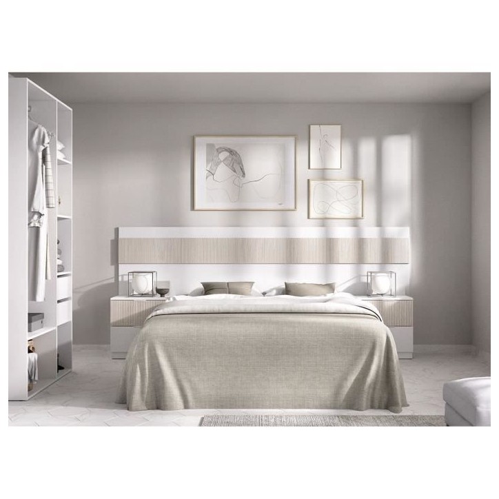 Lit adulte avec chevets intégrés - BIANCA - 160 x 200 cm - Blanc / Bois