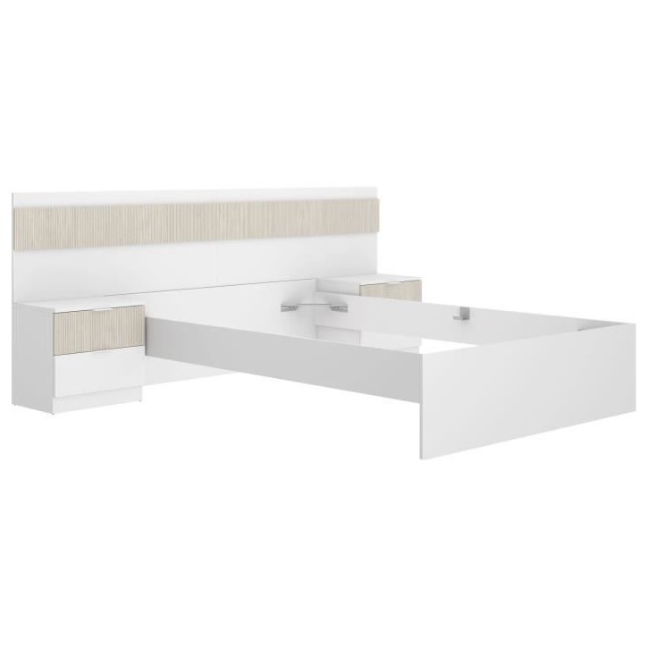 Lit adulte avec chevets intégrés - BIANCA - 160 x 200 cm - Blanc / Bois
