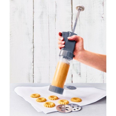 Presse a biscuits - BIRKMANN - EASY BAKING - Plastique - Inclus 10 disques a motif - 8 x 28 x 6 cm