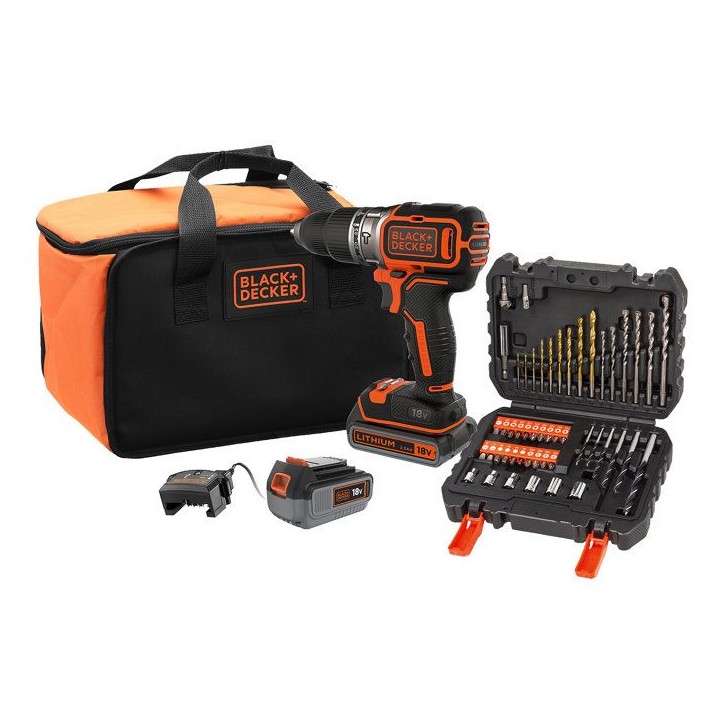 Perceuse a percussion BLACK+DECKER sans fil 18V + 2 batteries 2,5Ah et 4Ah+ 50 accessoires + sac de rangement - BL188ME2SA-QW Perceuse a percussion BLACK+DECKER sans fil 18V + 2 batteries 2,5Ah et 4Ah+ 50 accessoires + sac de rangement - BL188ME2SA-QW