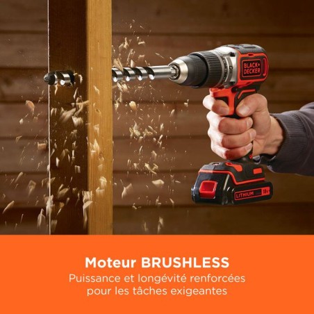 Perceuse a percussion BLACK+DECKER sans fil 18V + 2 batteries 2,5Ah et 4Ah+ 50 accessoires + sac de rangement - BL188ME2SA-QW