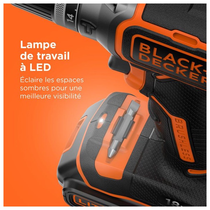 Perceuse a percussion BLACK+DECKER sans fil 18V + 2 batteries 2,5Ah et 4Ah+ 50 accessoires + sac de rangement - BL188ME2SA-QW Perceuse a percussion BLACK+DECKER sans fil 18V + 2 batteries 2,5Ah et 4Ah+ 50 accessoires + sac de rangement - BL188ME2SA-QW