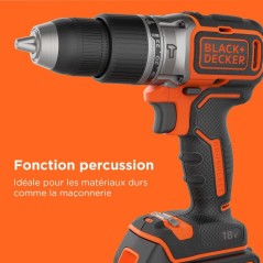 Perceuse a percussion BLACK+DECKER sans fil 18V + 2 batteries 2,5Ah et