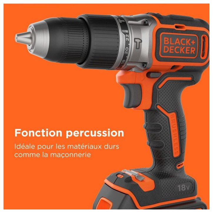 Perceuse a percussion BLACK+DECKER sans fil 18V + 2 batteries 2,5Ah et 4Ah+ 50 accessoires + sac de rangement - BL188ME2SA-QW Perceuse a percussion BLACK+DECKER sans fil 18V + 2 batteries 2,5Ah et 4Ah+ 50 accessoires + sac de rangement - BL188ME2SA-QW