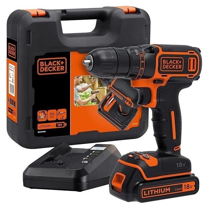 Perceuse visseuse sans fil - Black+Decker - 18V - 1 batterie 1,5Ah - Compacte et légere Perceuse visseuse sans fil - Black+Decker - 18V - 1 batterie 1,5Ah - Compacte et légere