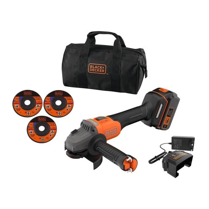 Meuleuse sans fil + batterie 4Ah + chargeur - BLACK&DECKER - BCG6L8F1S-QW - Brushless - 18V - 115m - Avec 3 disques et sac de tr Meuleuse sans fil + batterie 4Ah + chargeur - BLACK&DECKER - BCG6L8F1S-QW - Brushless - 18V - 115m - Avec 3 disques et sac de tr