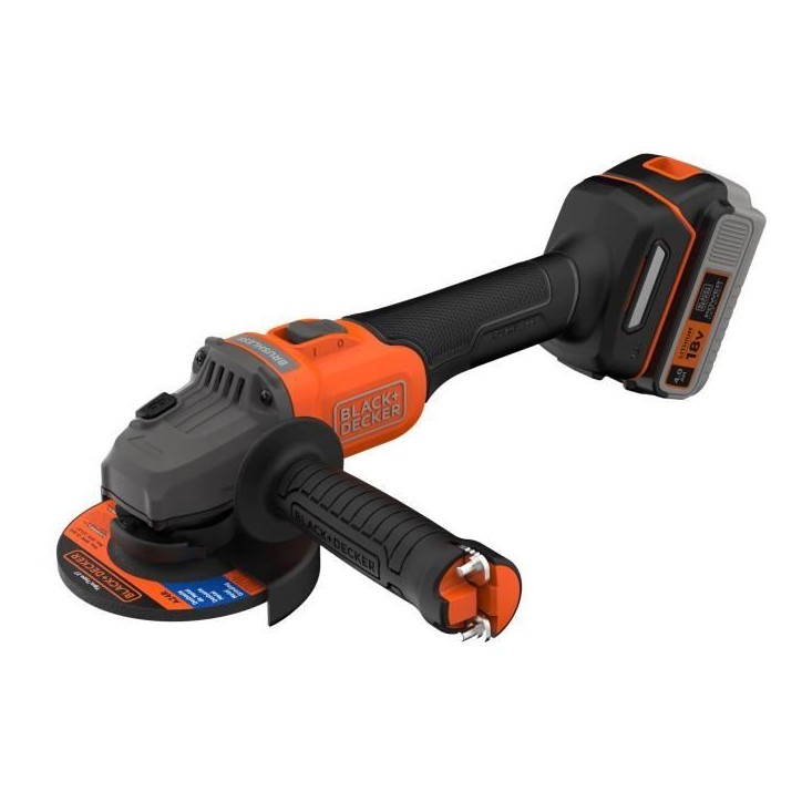 Meuleuse sans fil + batterie 4Ah + chargeur - BLACK&DECKER - BCG6L8F1S-QW - Brushless - 18V - 115m - Avec 3 disques et sac de tr Meuleuse sans fil + batterie 4Ah + chargeur - BLACK&DECKER - BCG6L8F1S-QW - Brushless - 18V - 115m - Avec 3 disques et sac de tr