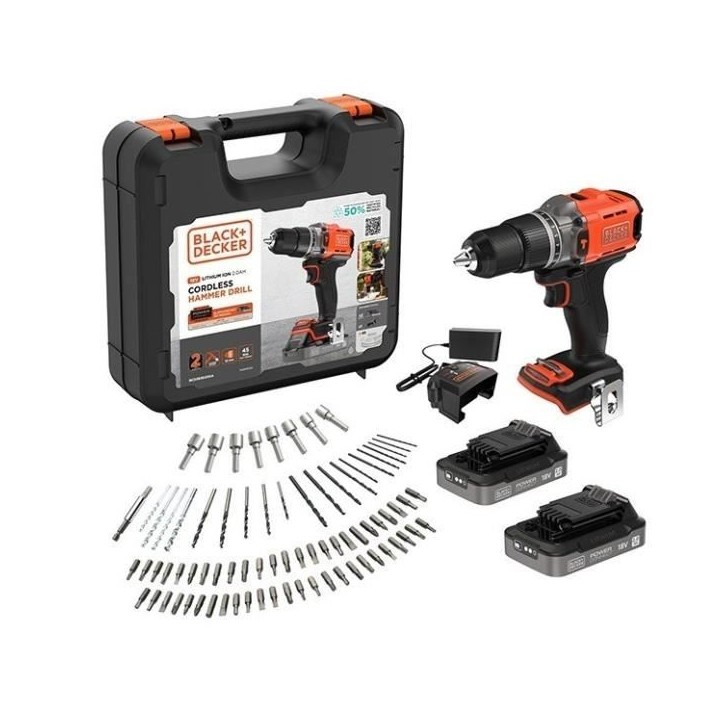 Perceuse a percussion sans fil BLACK+DECKER - BCD383D2XKA-QW - 18V - 2 batteries 2.0Ah - Mallette de 80pcs Perceuse a percussion sans fil BLACK+DECKER - BCD383D2XKA-QW - 18V - 2 batteries 2.0Ah - Mallette de 80pcs