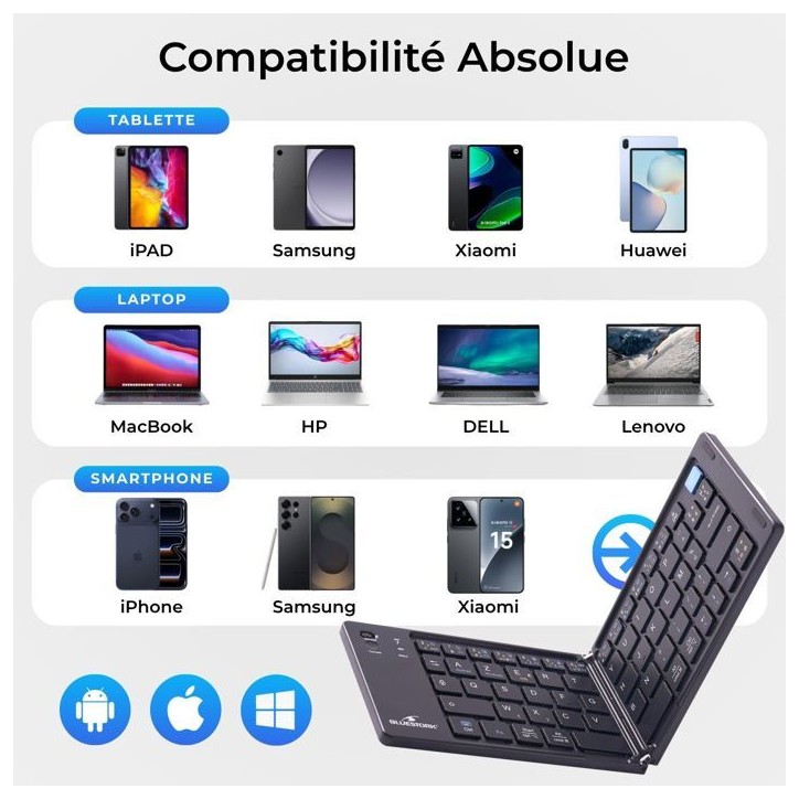 Clavier sans fil pliable - Ordinateur, tablette, smartphone, TV - Touches ciseaux - BLUESTORK - KB-MINI-FOLD/FR - AZERTY - Noir Clavier sans fil pliable - Ordinateur, tablette, smartphone, TV - Touches ciseaux - BLUESTORK - KB-MINI-FOLD/FR - AZERTY - Noir