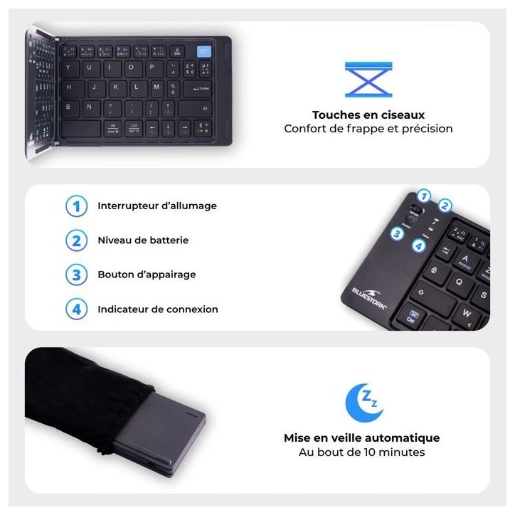 Clavier sans fil pliable - Ordinateur, tablette, smartphone, TV - Touches ciseaux - BLUESTORK - KB-MINI-FOLD/FR - AZERTY - Noir Clavier sans fil pliable - Ordinateur, tablette, smartphone, TV - Touches ciseaux - BLUESTORK - KB-MINI-FOLD/FR - AZERTY - Noir