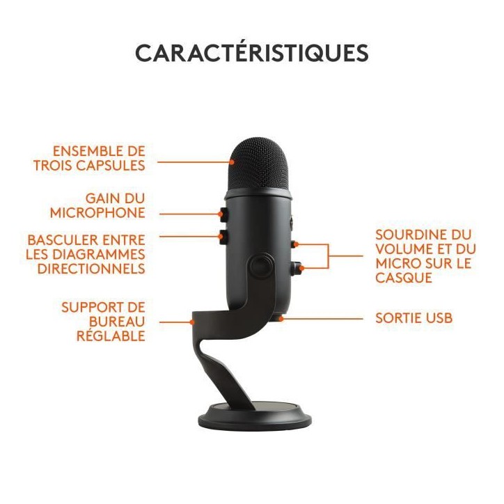 Microphone - Sans fil - LOGITECH G - Yeti - Compatible PC et MAC - Noir