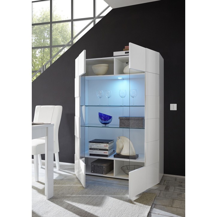 Vitrine - MILANO - Blanc Laqué Brillant - 2 Portes - 121 x 43 x 166 cm